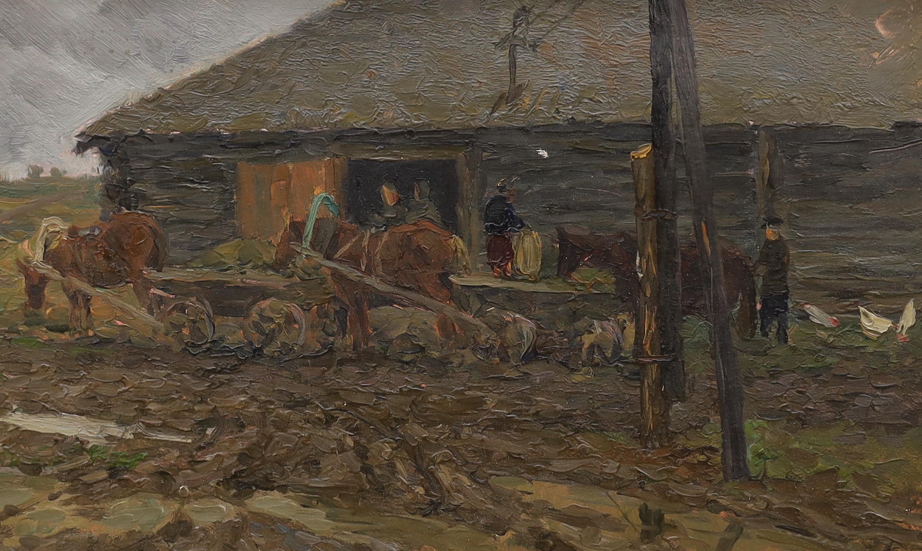 Vladimir Ivanovich Kotov (Russian 1944 -1989), oil on board, Carts beside a barn, label verso, 20 x 34cm